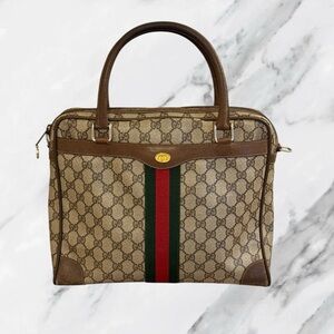Gucci Vintage Authentic Monogram Sherry Line Web Stripe Brown Tote Bag Handbag